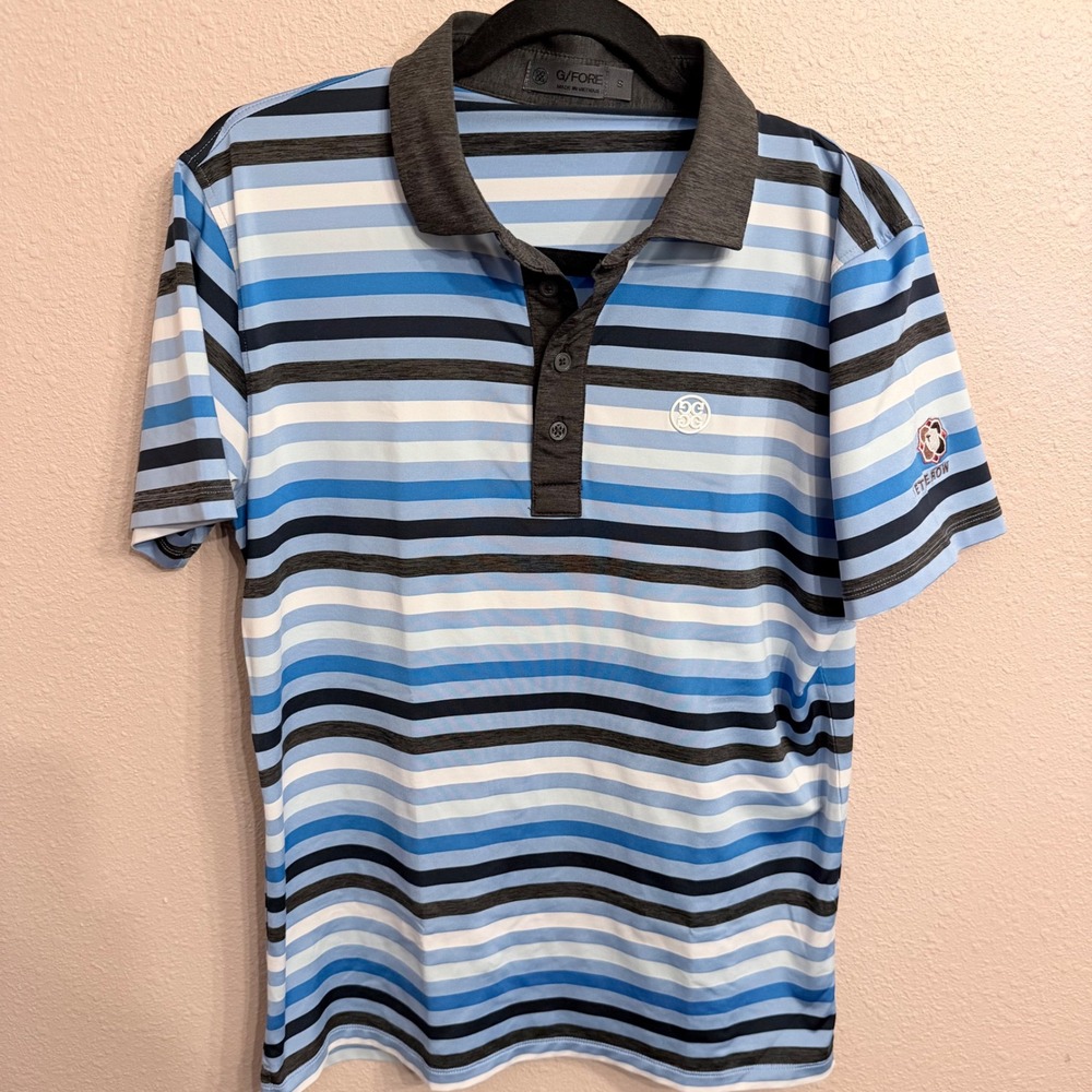 G/FORE Mens Stripe Performance Golf Polo Blue White Grey Small
